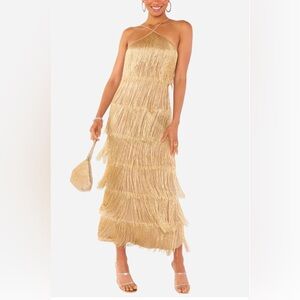Show Me Your Mumu Gatsby Fringe Maxi Dress in Gold Rush size M